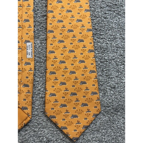 HERMES Neck Tie Silk Orange Hippopotas Hippo Animal - Picture 1 of 5